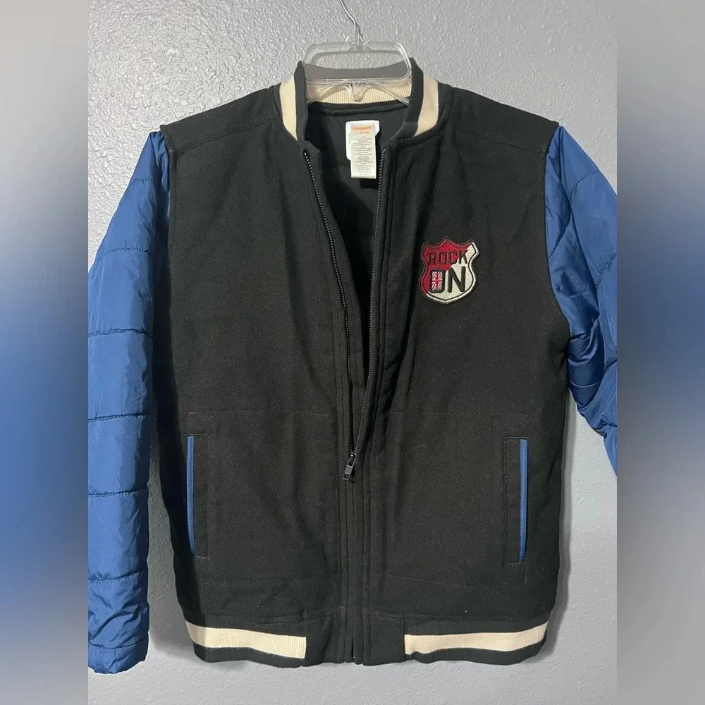 Gymboree Rock n Roll Collection Varsity Blue Black Zip Boys Warm Coat  L (10-12)